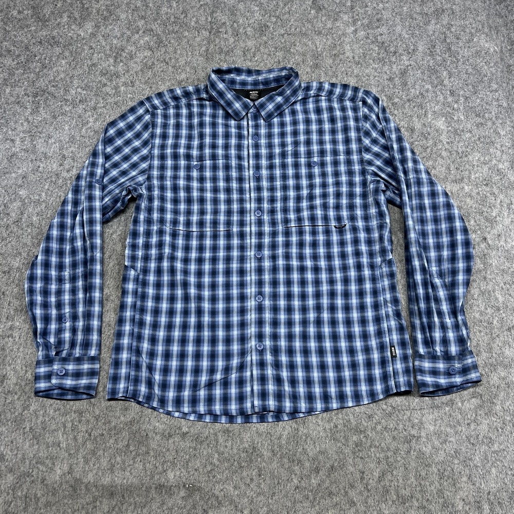 REI Coop Shirt Mens M Blue Plaid Roll Tab Sleeve Button Hiking Outdoor Casual